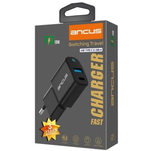 Ancus Φορτιστής Ταξιδίου Supreme Dual Με USB Και USB-C PD 18W 5Vx3.4A  Με Ένδειξη LED Μαύρος 5210029073083 | homidoo.gr