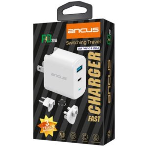 Ancus Φορτιστής Ταξιδίου Με USB-Α Και USB-C 30W Και Αντάπτορα UK Λευκός 5210029073090 - Image 4