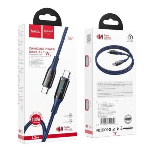 Hoco Καλώδιο Σύνδεσης Extreme 100W 20Vx5A USB-C Σε USB-C Με Οθόνη Ένδειξης Και Braided Καλώδιο 1.2m Μπλε S51 - Image 4