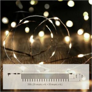 Fos Me Ασύμμετρη Βροχή 200 LED Θερμό Λευκό Σταθερή 500x60-40cm IP44 Ασημί Σύρμα 27-00377 | homidoo.gr