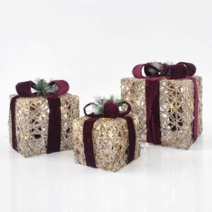 Magic Christmas Κουτιά Δώρου Φωτιζόμενα Μπαταρίας 15-20-25cm Με Εκρού Σχοινί Και Μπορντώ Κορδέλα 600-31027 | homidoo.gr