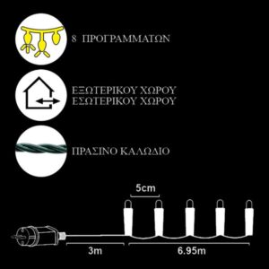 XMASfest Σειρά 140 LED 5mm Ενδιάμεσο Λευκό 8 Προγράμματα 6.95m Ωφέλιμο Ip44 Πράσινο Καλώδιο 93-2371 - Image 2