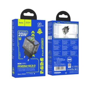 Hoco Φορτιστής Ταξιδίου Dazzling Με USB Και USB-C Έξοδο QC3.0 PD20W Μαύρο N34 - Image 5