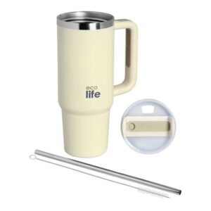 Ecolife Θερμός - Ποτήρι Ανοξείδωτο Με Καλαμάκι 900ml Cream 33-BO-5012 - Image 2