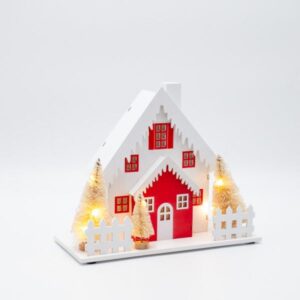 Eurolamp Σπιτάκι Φωτιζόμενο Με 10 LED Θερμό Λευκό 20x10x20cm Ξύλινο Μπαταρίας Λευκό-Κόκκινο 600-47661